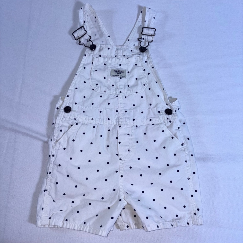 OshKosh B'gosh Overalls 4T White Blue Polka Dot cotton Shortalls Vestbak